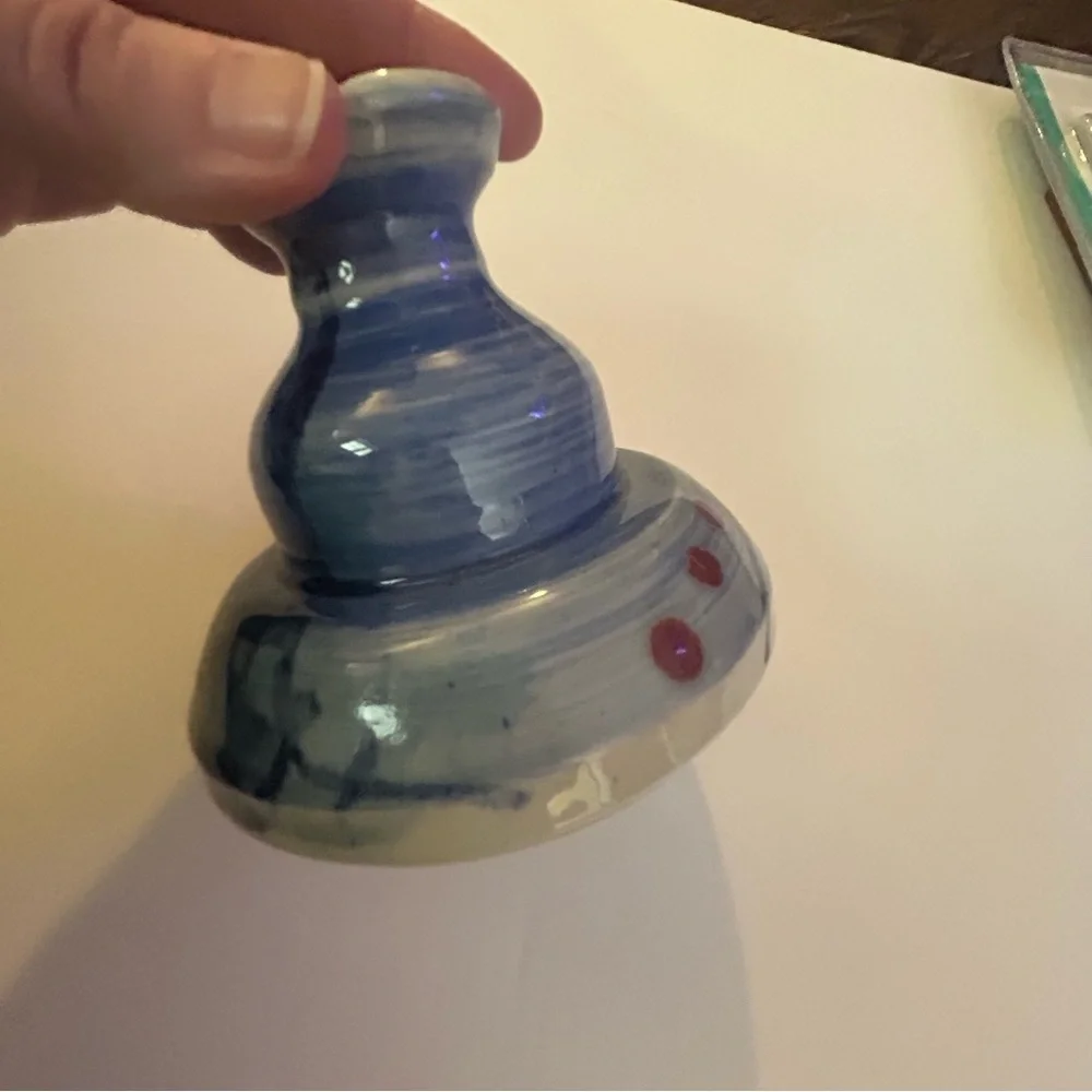 Glazed pottery oil lamp jar handmade stamped 5